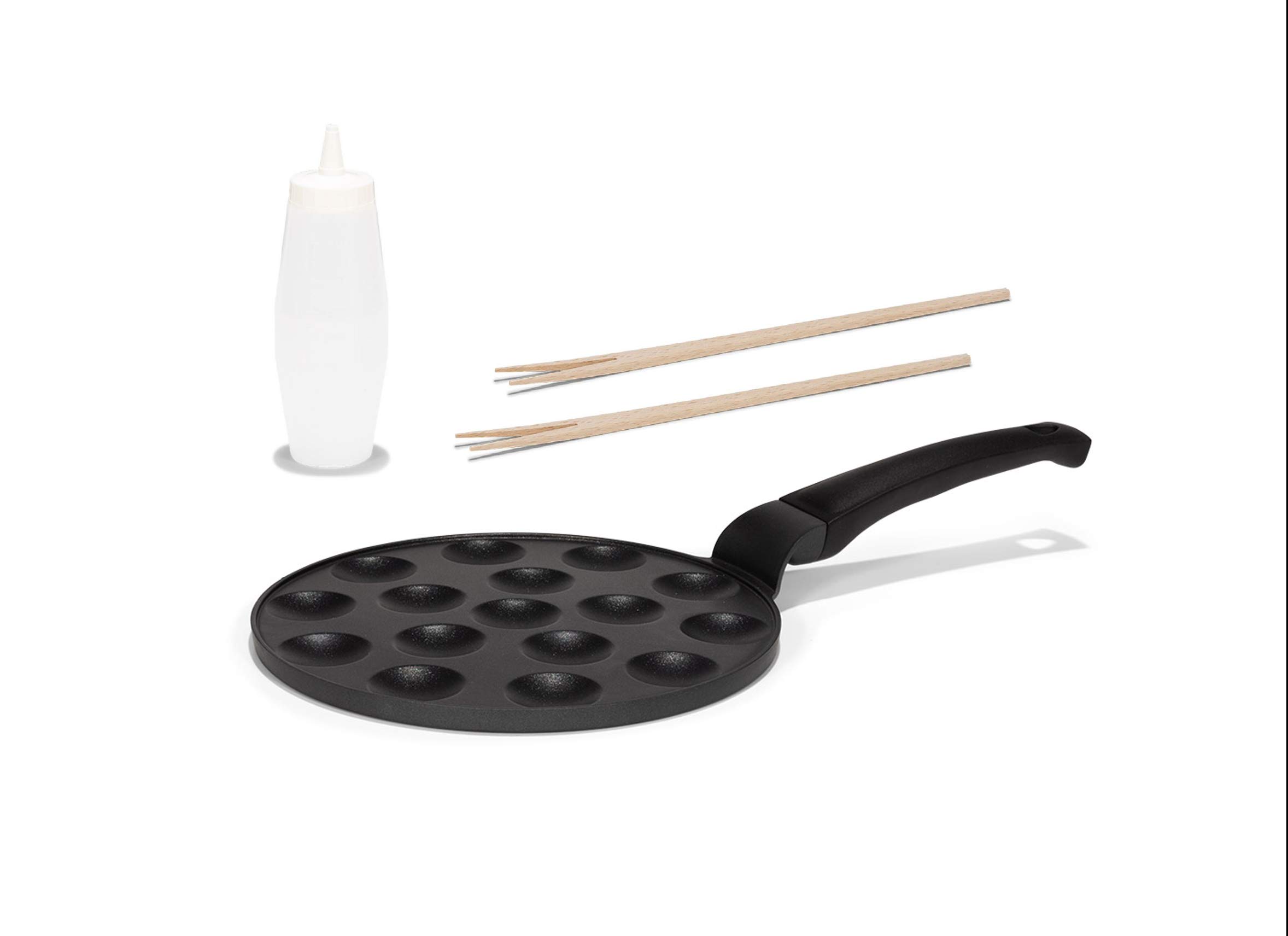 Staab's Patisserie Poffertjes-Set/induktionsgeeignet/Alu-Guss/im Set mit Teigflasche und 2 Holzgabeln, schwarz, 26 cm, 1001