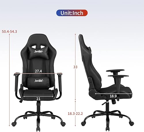 Miniatura 11 de Silla de oficina para videojuegos, silla de escritorio con soporte lumbar, reposacabezas y reposabrazos, giratoria, ergonómica, para deportes