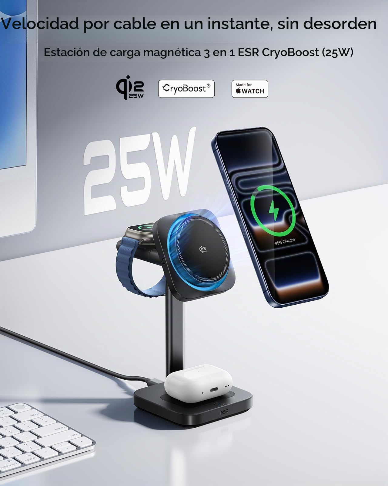ESR Estación de Carga 3 en 1, Certificación Qi 2.2, MagSafe 25 W y CryoBoost, Carga Rápida con Refrigeración para iPhone 16/15/14/13/12, AirPods y Apple Watch, Negro | 25W y CryoBoost, Cargador Inalámbrico Rápido Stand Magnético para iPhone 16 con iOS 26,