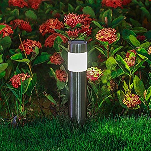 Solar Bollard Lights Outdoor - 6 Pack Stainless Steel Warm White LED Landscape Lights Waterproof Decorative Lighting for Backyard Lawn Patio (Silver)