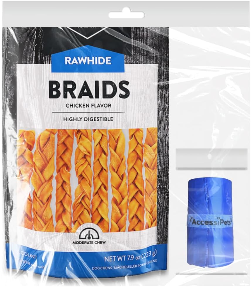 Dog Chews Bundles for All Sized Dogs, Highly Digestable 7 inch Rawhide 80% Protein Rich Braids Bundle with 1 Waste Bag Roll (Chicken, 7.9 oz)