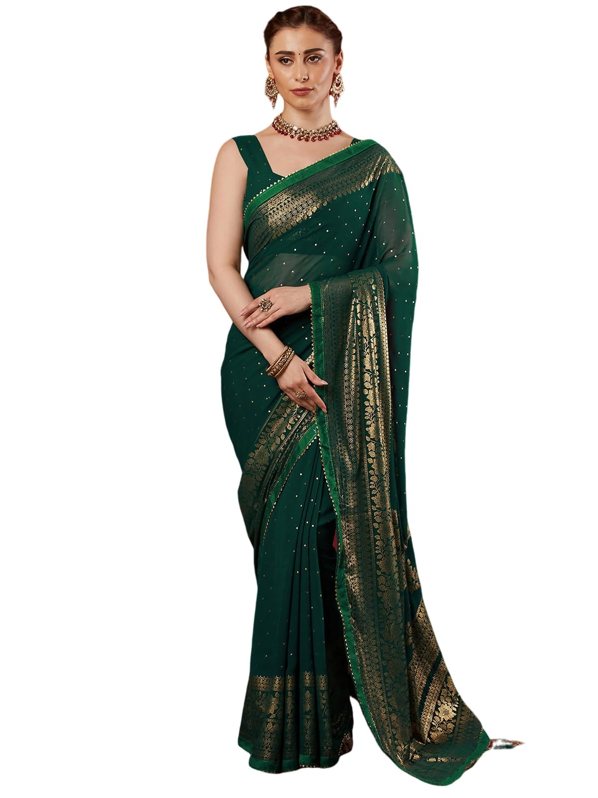 SAMAH Women's Georgette Foil Printed Lace Work Saree with Unstitched Blouse Piece