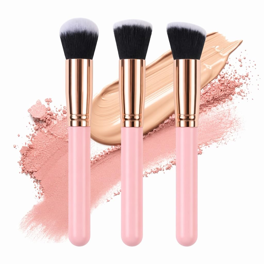 Make Up Brush Set 3 Pieces Foundation Brush Makeup Brush Powder Brush Blush Brush Flat Top Brush Set Makeup for Face Makeup Brushes & Accessories Pink