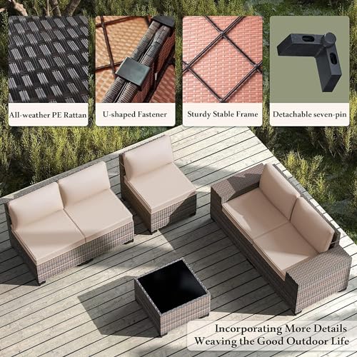 Image of 7 PCS Outdoor Patio Furniture Set,Outdoor Sectional Furniture with 43 inch 55000 BTU Gas Propane Fire Pit Table,All Weather PE Rattan Wicker Patio Conversation Set,Sand
