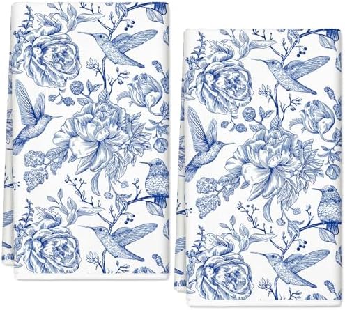 AnyDesign Chinoiserie Floral Kitchen Towels Blue White Flowers Bird Dish Towels 18 x 28 Inch Decorative Hand Drying Tea Towel for Farmhouse Cooking Baking Cleaning Wipes, Set of 2