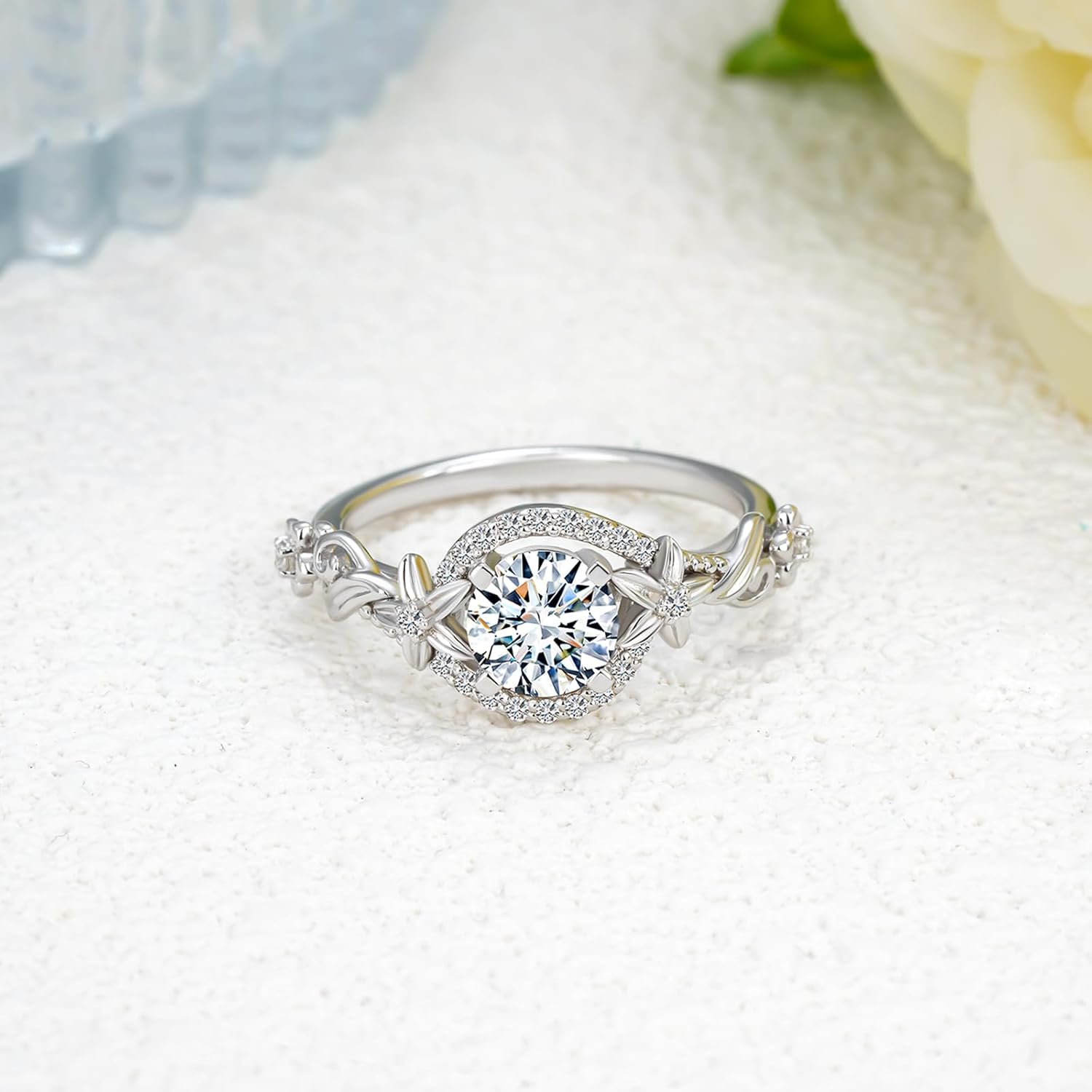 1-1/8 Carats Round Cut Moissanite Engagement Ring for Women, 18K White Gold Platinum Plated Halo Ring S925 Promise Anniversary Ring Band Her Gift for Wedding Christmas