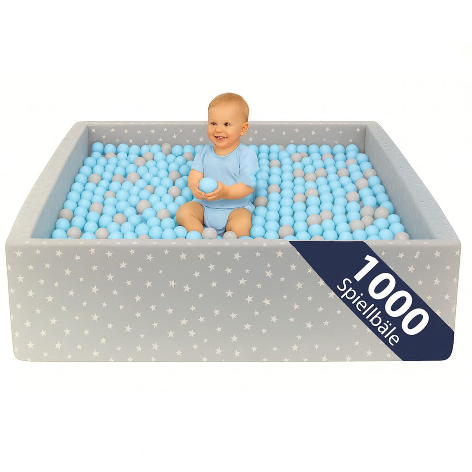 Bällebad Kinder 120×120 cm XXL – großes Stoffbecken mit 1000 Spielbällen Ø 7 cm, weiches Indoor-Bällebad für Babys & Kleinkinder, Stabiler PU-Schaum, Abnehmbarer Baumwollbezug (Plüsch/Hellblau)