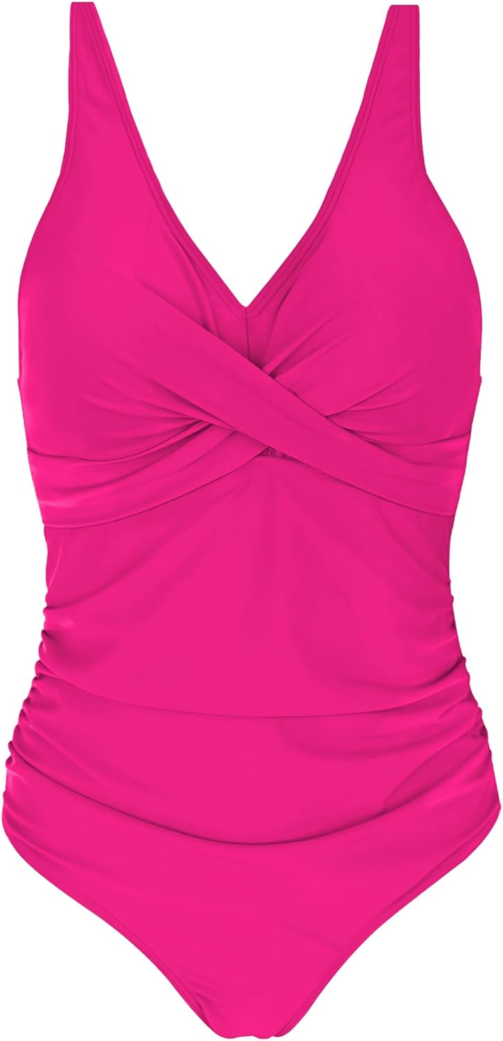 Women's One Piece Swimsuits Ruched Slimming Bathing Suits for Women V Neck Criss Cross Ruched Push Up Slimming Swimwear Hot Pink - Image 5