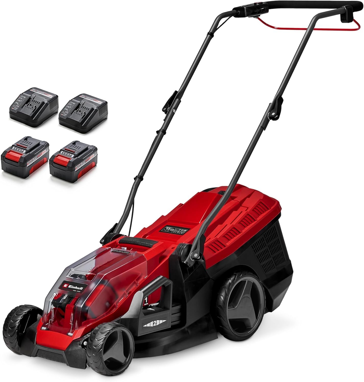 Einhell Akku-Rasenmäher GE-cm 36/36 Li Kit Power X-Change (36 V, 36 cm Schnittbreite, bis 400 m², Brushless, 40L Fangkorb, 25-75 mm Schnitthöhe, inkl. 2X 4,0 Ah Akku + 2X Ladegerät)