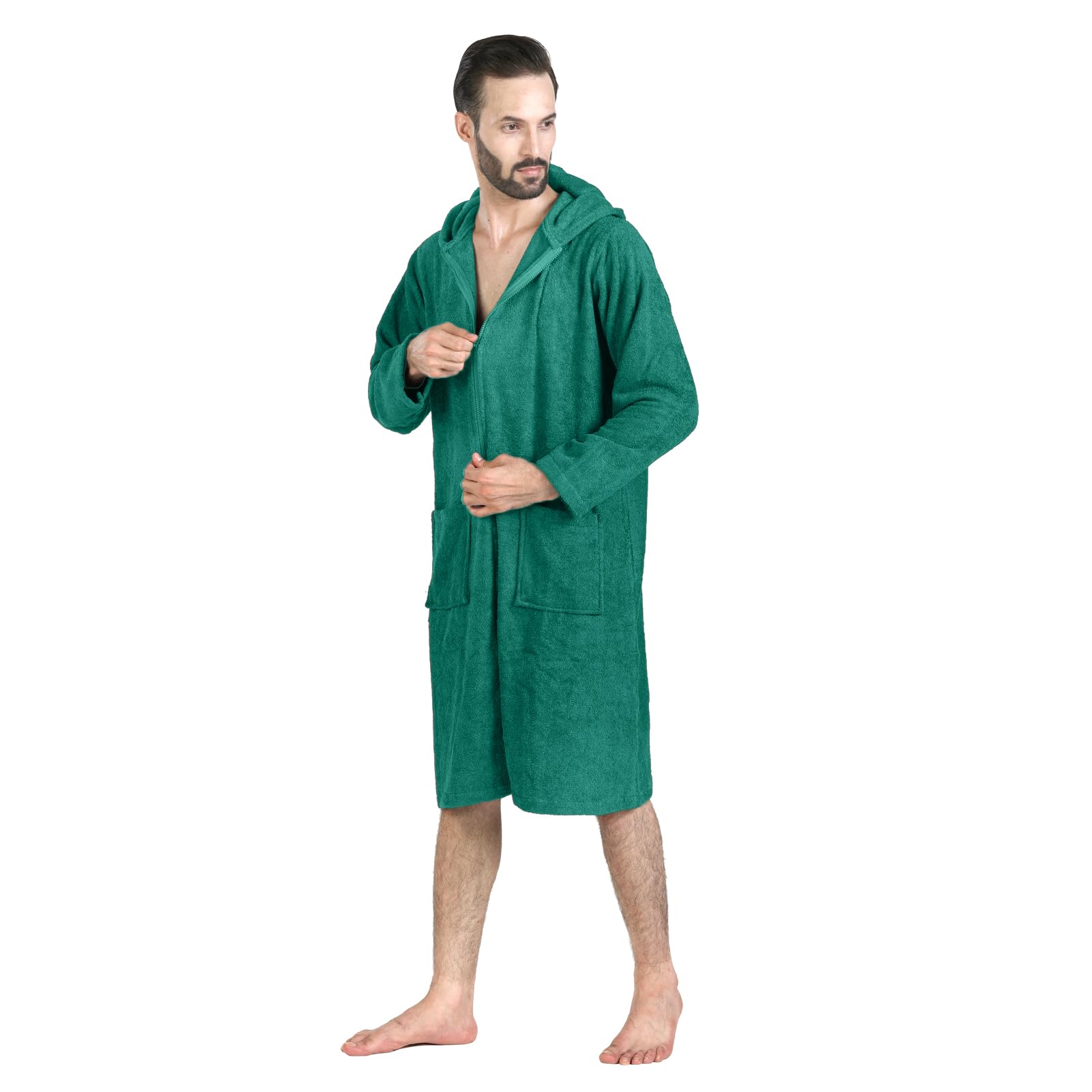 ALLEN & MATE 100% COTTON Unisex Hooded Bathrobe with Zipper, Soft Absorbent Beach Towel zip up Changing Robe for Women & Men
