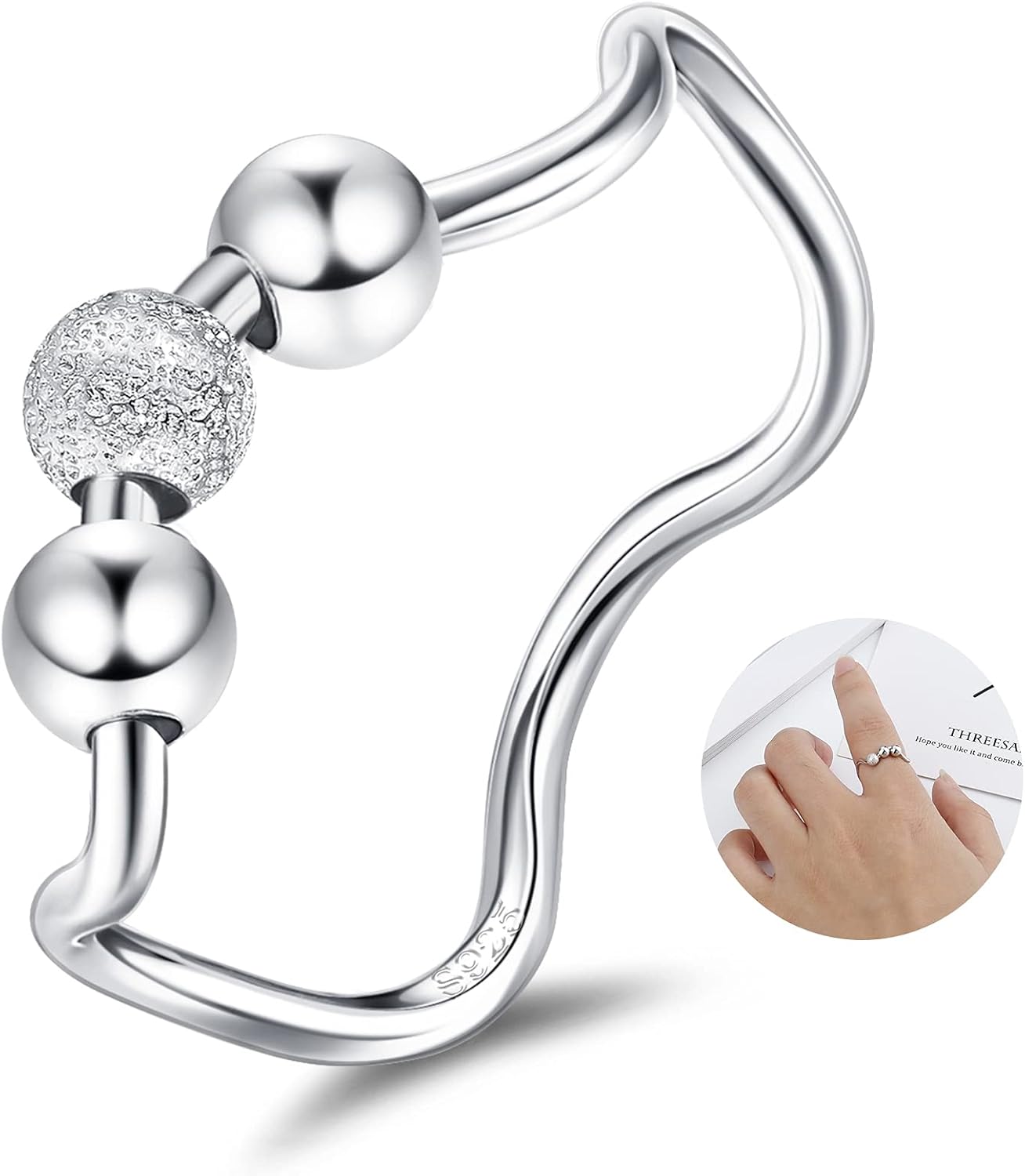 Anti Anxiety Ring For Women Sterling Silver Fidget Ring For Anxiety Spinner Ring White Gold Plated Stackable Wave Band Finger Bead Ring