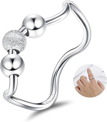 Anti Anxiety Ring For Women Sterling Silver Fidget Ring For Anxiety Spinner Ring White Gold Plated Stackable Wave Band Finger Bead Ring