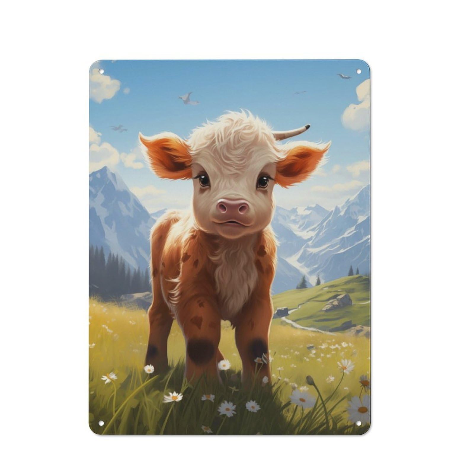 Junmoney Cute Calf In Mountain Meadow Classic Metal Wall Plaque 40X30cm Featuring Creative Space Decor For Workspace, Cafe, Shop Or Desk Area