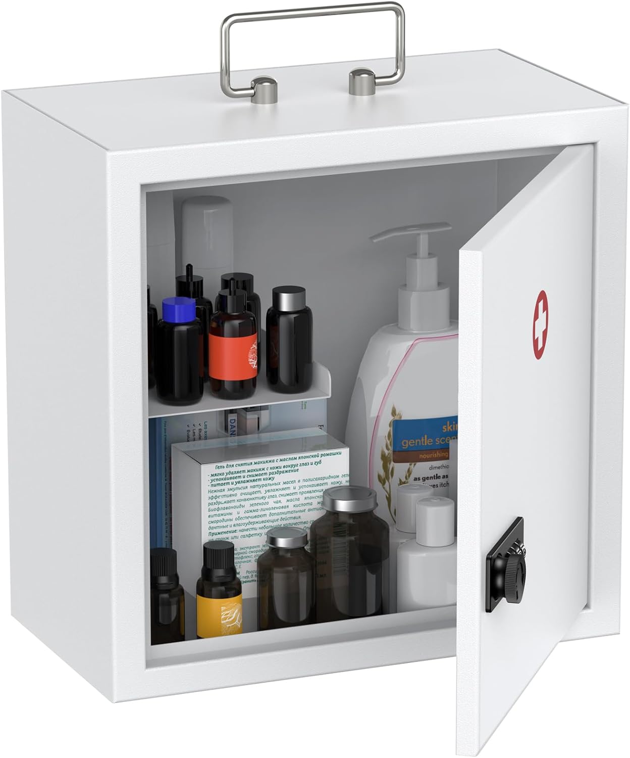 Uniclife Medicine Cabinet with door open, showing internal compartments filled with various bottles and items.