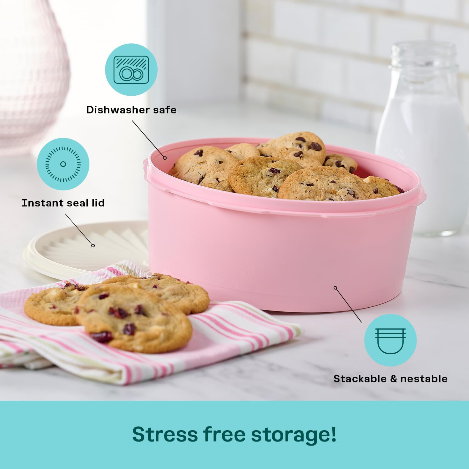 Tupperware Heritage Collection 7.6 Cup Cookie Canister, Vintage Light Pink Color, Dishwasher Safe and BPA Free Container (1.8 L)