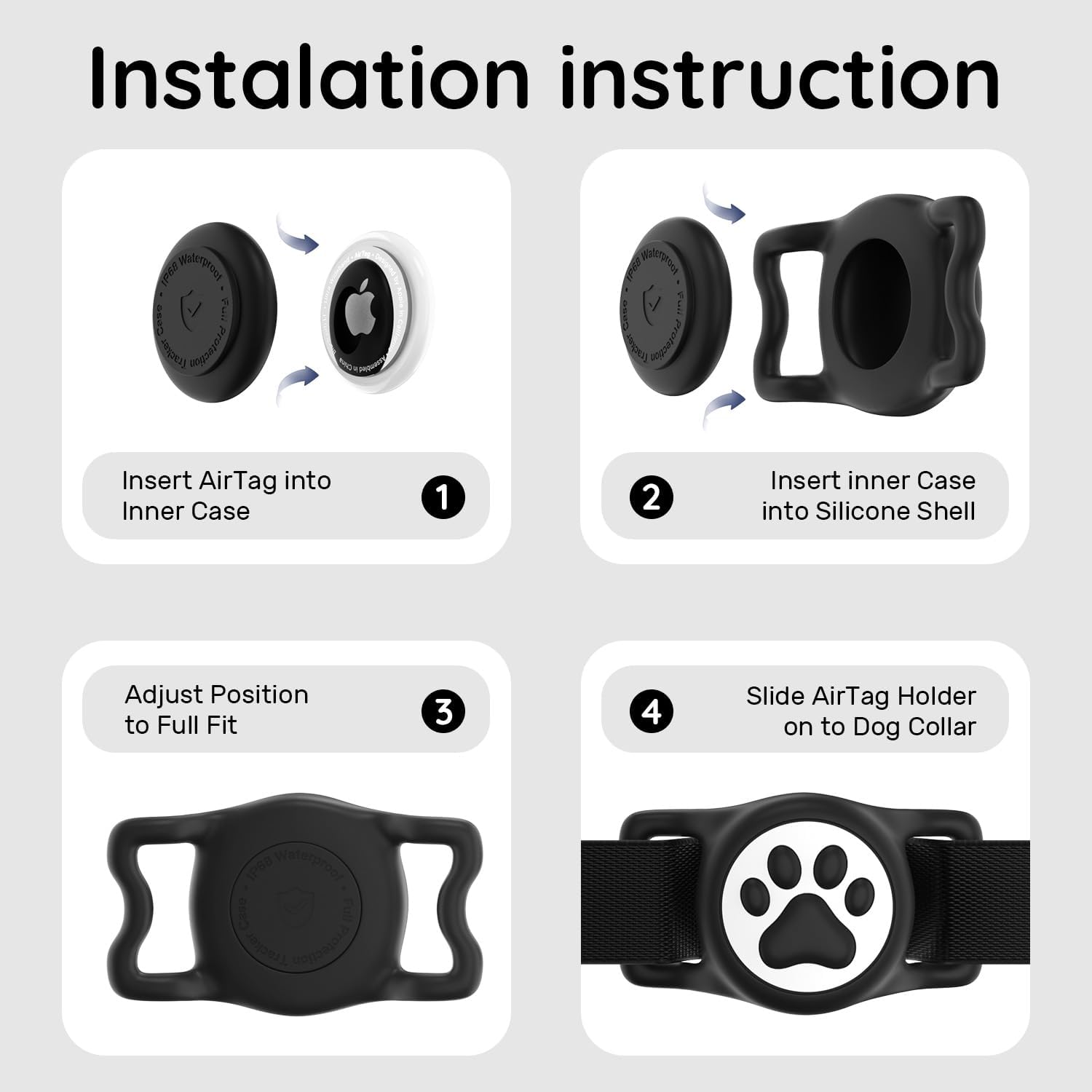 for Airtag Dog Collar Holder, Dog Airtag Holder Waterproof, Lightweight & Soft Silicone Air Tag Case for Pet Collars, Works with Multiple Tracker Tag Products (Black+Black, 2 Pack)