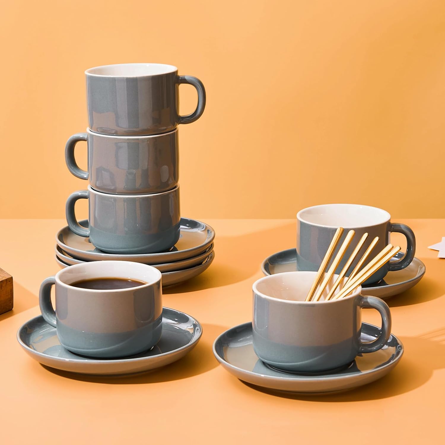 8oz Cappuccino Cups Set of 6, Ceramic Coffee Cups and Saucers Set with Spoons, Gray Durable Coffee Cups for Cappuccino Espresso Latte Mocha Au Lait Macchiato Cafe