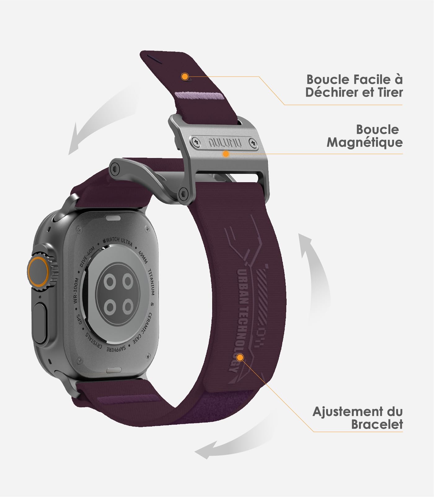 Aulumu Bracelet fin à boucle magnétique A11 conçu pour Apple Watch | Libération rapide de la mémoire | Tresse en nylon velours | Fermoir magnétique en acier inoxydable – Violet nuit