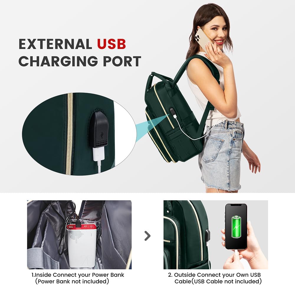 LOVEVOOK Laptop Backpack for Women, Water Resistant Travel Work Backpacks Purse Stylish Business Teacher Nurse Computer Bag with USB Charging Port,Dark Green - Image 4