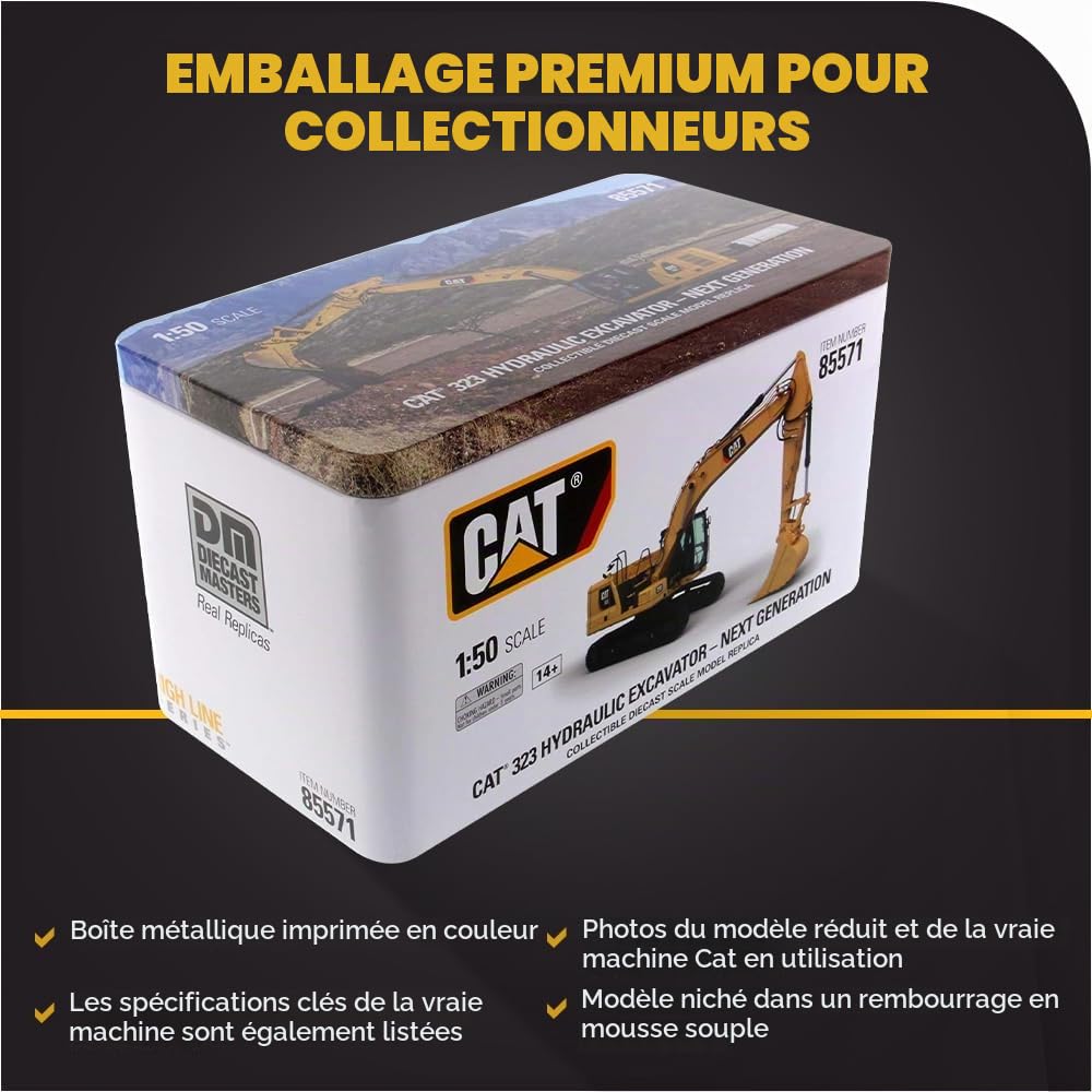 Diecast Masters 85571 - Pelle Caterpillar 323, Échelle 1/50, env. 18,3 x 6,3 x 8 cm, à partir de 14 Ans, Jaune