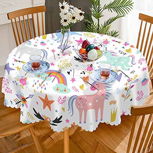 Aoyego Rainbow Unicorn Table Cloth Lovely Animals Stars Clouds Flowers Leaves Colorful Cartoon Fun Round Tablecloth 60 Inch For Dining Room, Party, Banquet #TOP2