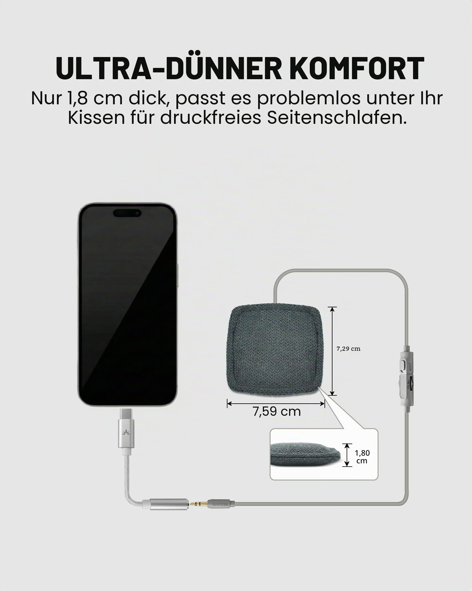 Avantree Slumber Mini – Kabelgebundener Kissenlautsprecher Zum Schlafen, Sanfter Schlafsound, Kein Aufladen Nötig, Inline-Lautstärkeregler, USB-C & AUX, Für Podcasts & Hörbücher