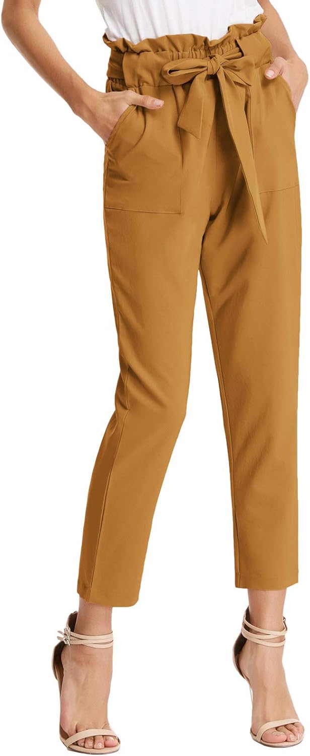 GRACE KARIN Women's Cropped Paper Bag Waist Pants with Pockets Small Ginger