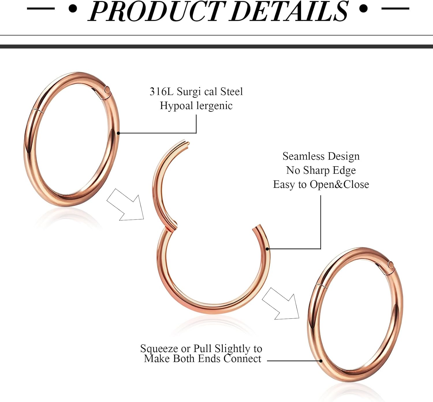 8Pcs 18G Nose Rings Hoops Set Surgical Stainless Steel Nose Piercing Jewelry for Women Men Hinged Clicker Hypoallergenic Septum Nose Lip Rings 6mm 8mm 10mm 12mm - Image 3