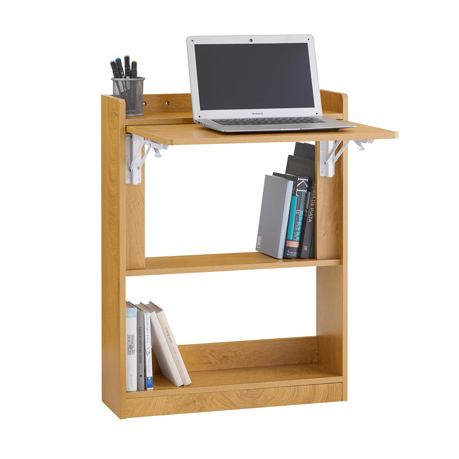 SoBuy Bureau Gaming Bureau avec Rangement Table Pliable d'Ordinateur Rabattable Table Gaming Desk Multifonctionnel avec Etagères de Rangement Naturel 64x58x82cm, FWT92-​N