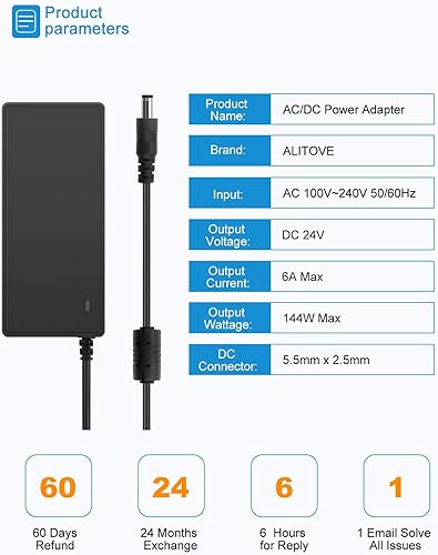 Miniatura 5 de ALITOVE Adaptador de fuente de alimentación de 24V 6A Convertidor 100-240V AC a DC 24 Volt 144W 6Amp 5A 4A Transformador con enchufe de 5.5x2.5mm