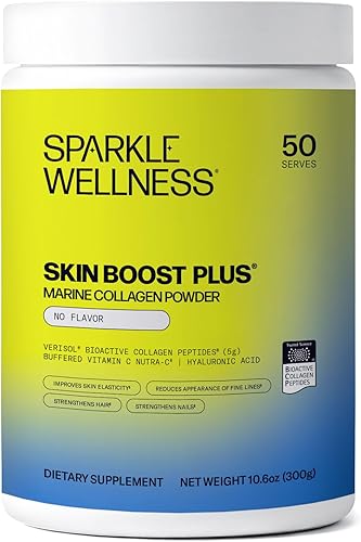 Sparkle Wellness Marine Skin Boost Plus (sin sabor) 50 porciones  Suplemento de colágeno en polvo con péptidos de colágeno hidrolizados bioactivos