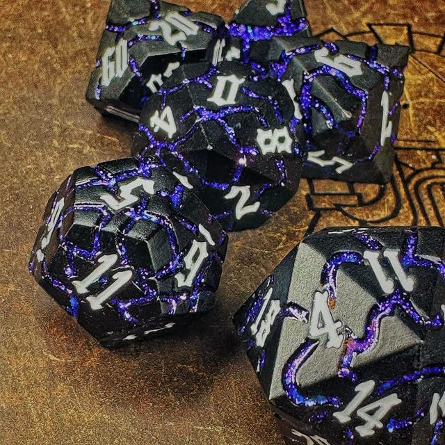 Sage's Portal Warp Stones Purple and Black Metal DND Dice 7 Piece Polyhedral Dice Set for DND TTRPG Dungeons and Dragons Pathfinder (White Dwarf Star)