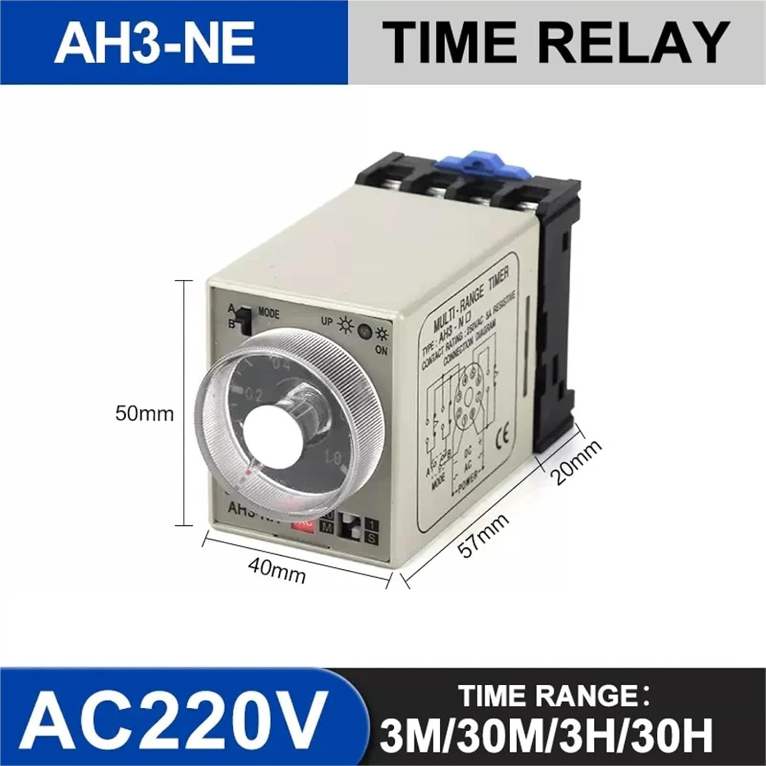 Time Relay AH3-NA/NB/NC/NE/ND 8 Pin 24V 110V 220V 380V Multi Range Electric Timer Adjustable with Socket Base(AH3-NE-220V)