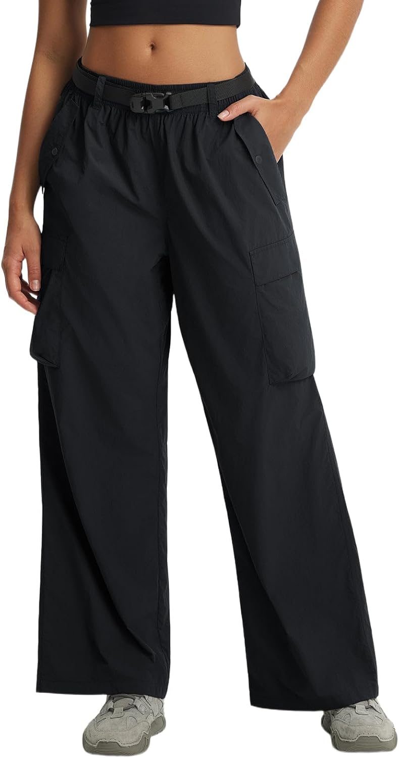 baleaf Women's Lightweight Pants Quick Dry Wide Leg Hiking Water Resistant with 4 Pockets Travel Baggy Parachute Cargo Pant