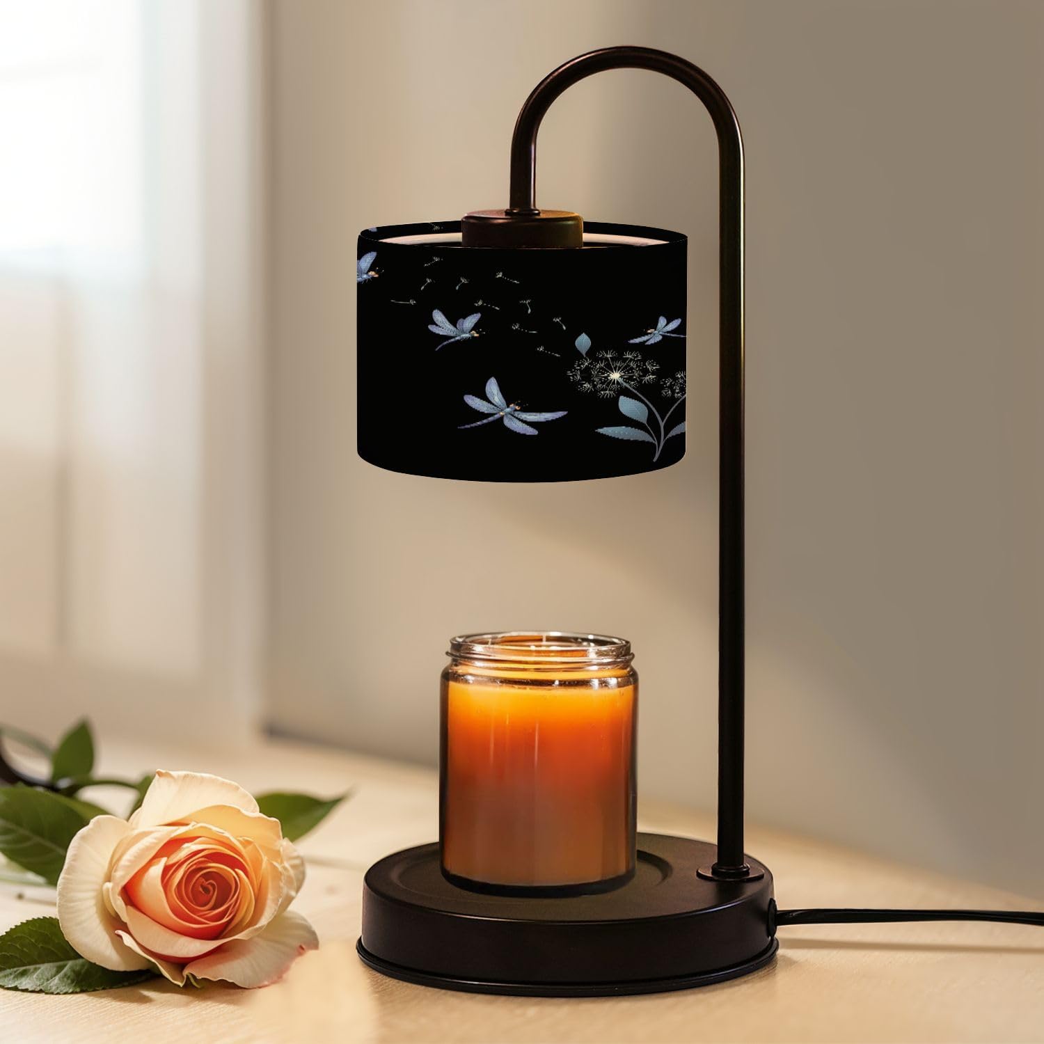 Candle Warmer Lamp with Timer and Dimmer, Black Dandelions Dragonflies Dragonflies Dandelions Black Wax Melt Warmer with 4 Bulbs, House Warming Birthday Gifts for Women Mom New Home Decor