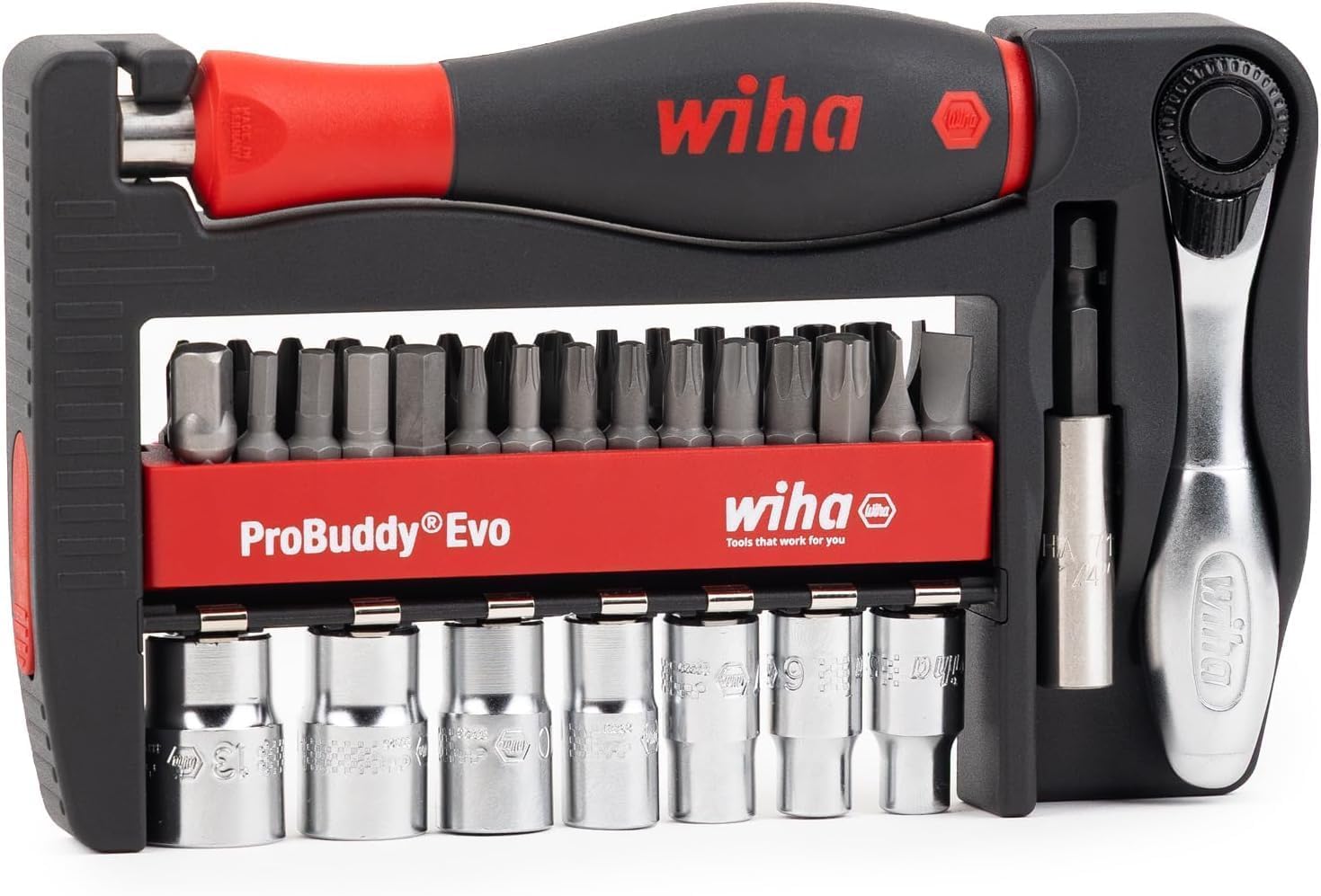 Wiha ProBuddy® Evo 40-tlg. Bit- & Steckschlüssel-Set 1/4" SoftFinish Schraubendrehergriff, Mini-Ratsche 72 Zähne, magnetischer Bithalter I Kompaktes Werkzeugset für Profi, Heimwerker, Fahrrad (46960)