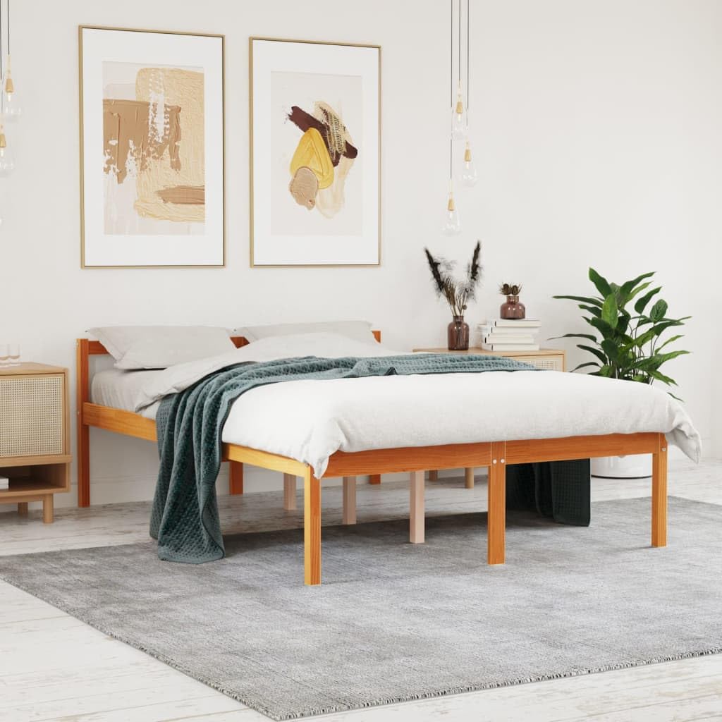 Massives Kiefernholz Seniorengerecht 44cm Bett 135x190cm Braun | Seniorenbett Massivholz Kiefer Wachsbraun 135x190 cm mit Kopfteil und Stauraum Hohe Einstiegshoehe 44cm