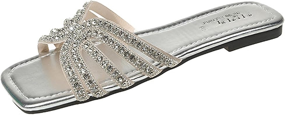 Womens Flat Sandals Rhinestone Square Head Open Toe Flat Slippers Outdoor Beach Sandals for Summer