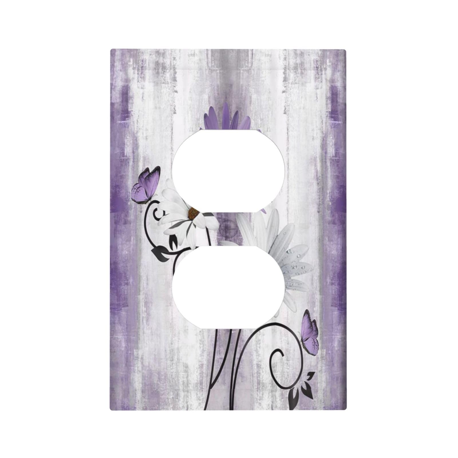Yamxbfa Rustic Farm Purple Daisy Floral Flowers Butterfly on Violet Grey Wood 1 Gang Duplex Outlet Covers Decorative Dual Device Light Switch Cover Receptacle Electrical Wall Plate Plug Switchplate