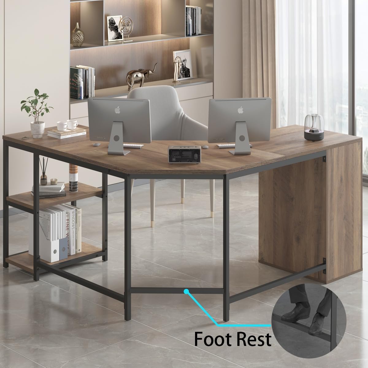 LVB Rustic L Shape Computer Desk with File Cabinet, Reversible Corner L-Shaped Desk with Drawers Storage Shelf, Modern Large Wood L Shaped Work Study Writing Gaming Desk Table for Home Office, 60 in