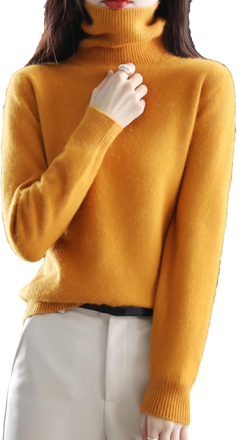 Women's Wool Knit Sweater Solid Color Turtleneck Long Sleeve Fuzzy Tops Winter Soft Thermal Pullover Jumper