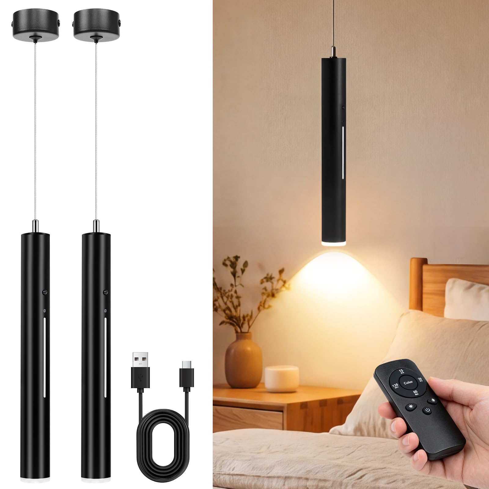 Lámpara Colgante con Bateria, Lámparas Colgantes LED Modernas Diseño, Luz inalámbrica, Recargable USB 5000mAh y Mando a Distancia, Para Cocina, Comedor, Dormitorio, Salón (Negro-2)