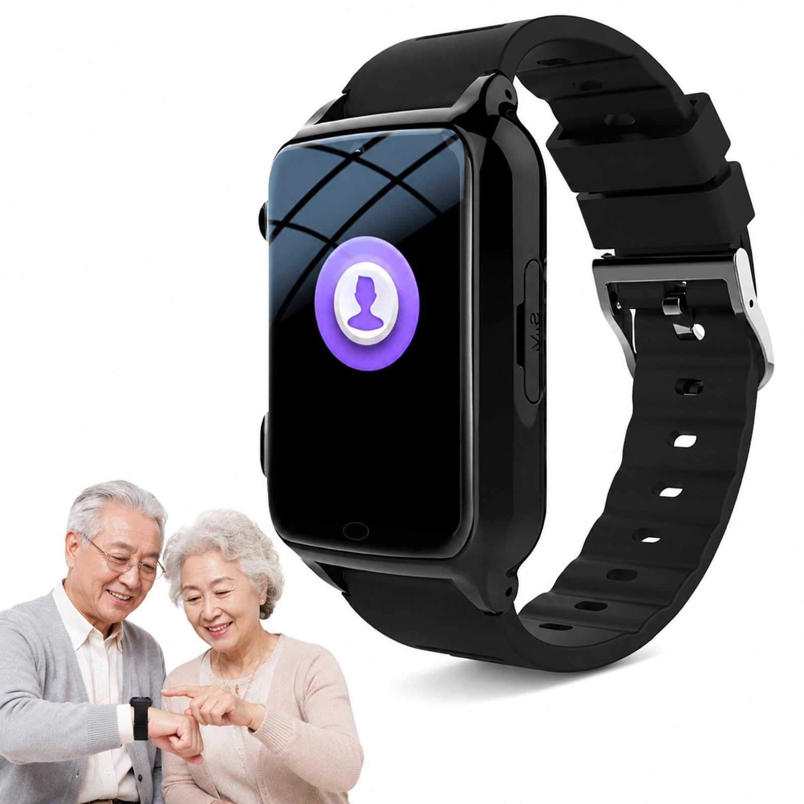 Reloj de Alerta Médica para Padres Mayores Rastreador GPS y Alarma SOS | Botón de Emergencia SOS, Chat de Voz, Monitor de Presión Arterial, Geocerca de Seguridad, Rastreador Salud(Negro)