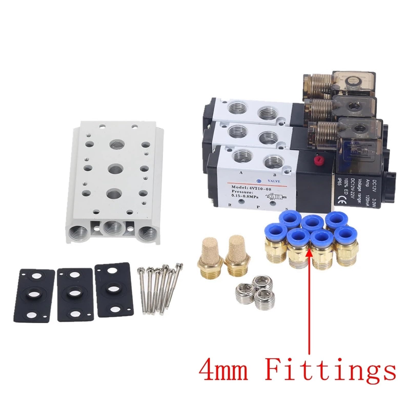 1 sztuka 3Way 4V210-08 pneumatyczny DC12V DC24V AC110 AC220 potrójny zawór elektromagnetyczny w podstawie złączy Push-In, tłumik 1/4" (złączki 4 mm, AC110V)