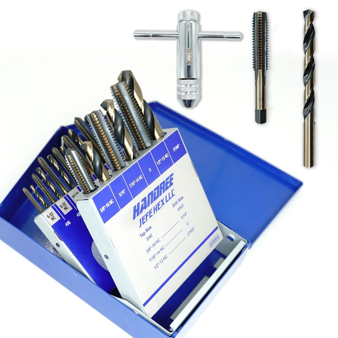 JEFEHEX 18pcs Drill and Tap Set with 1 Piece T-Handle Ratchet Tap Wrench, Tap Range 6-32NC—1/2"-13NC, Black and Gold Premium HSS Jobber Length Drill Bits and Hand Plug Taps with Metal Indexed Box