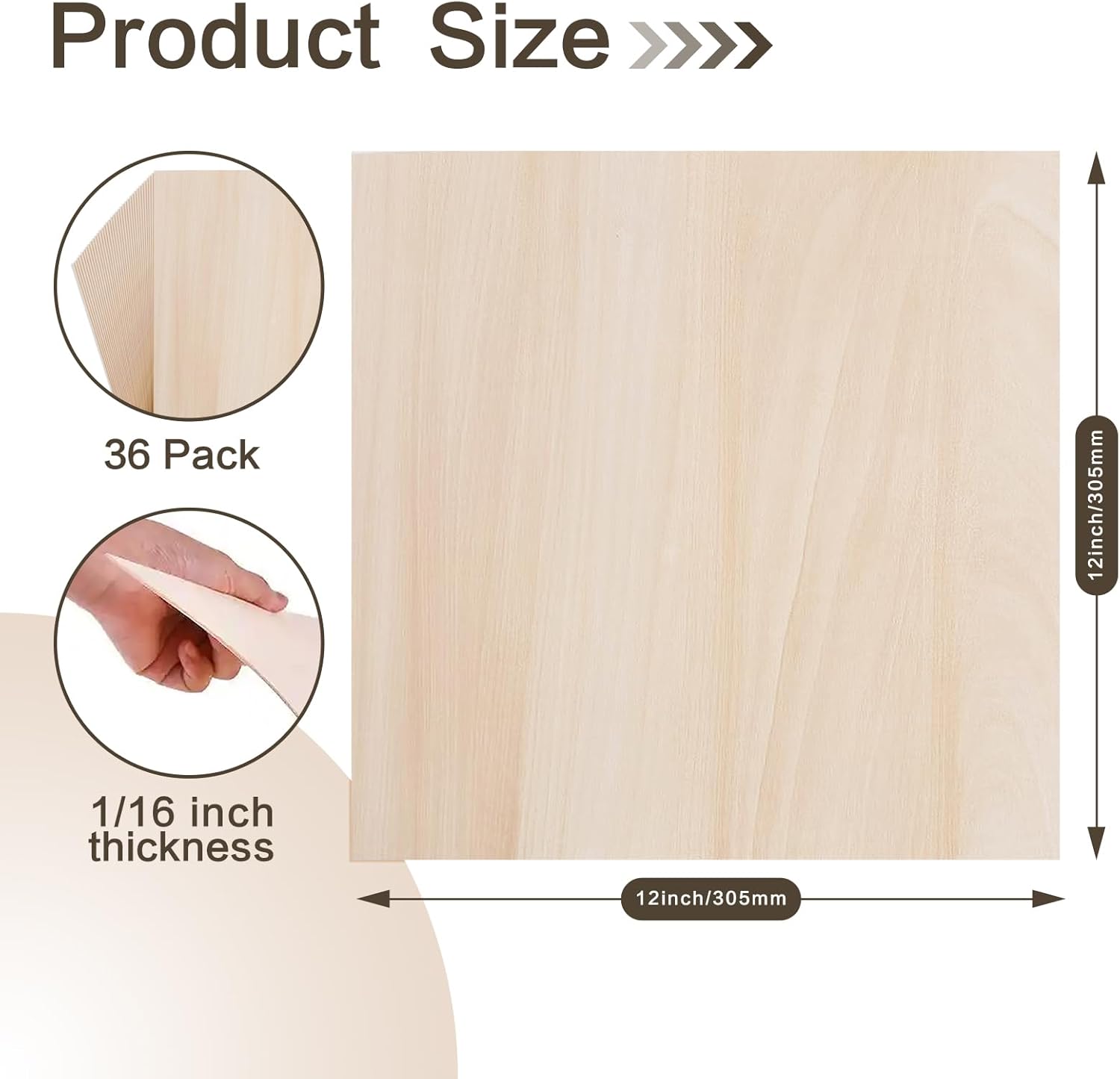 Balsa Wood Sheet, 36Pack Plywood Sheets, Basswood Sheets 12X12X1/16 Inch, Unfinished Wood Boards Blanks for Laser Cutting, Engraving, Burning, Crafts(H305/17-36)