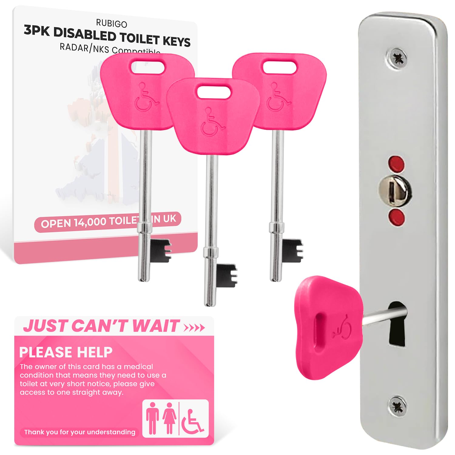 3PK Radar Key for Disabled Toilets UK - 4 Colours - Disabled Toilet Keys with 'Just Can't Wait' Card RubiGo (Pink)