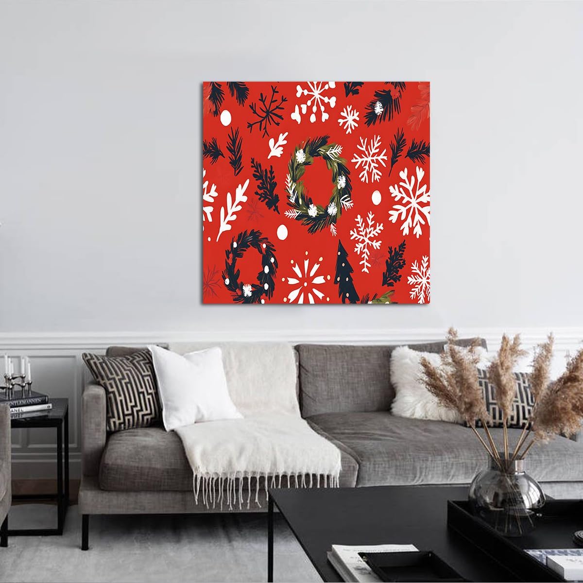 クリスマスリースキャンバスウォールアートホリデースノーフレークアートワークプリントお祝いポスターベッドルームの装飾用赤い冬の壁画絵7