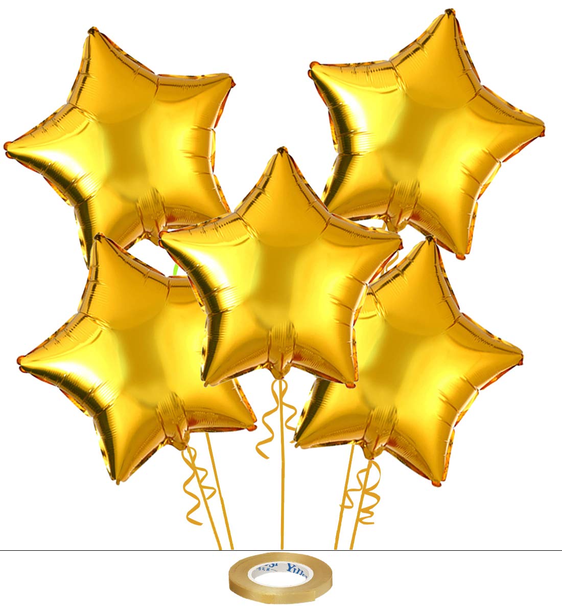 AMFIN® (Pack of 5) 18 Inch Star Shape Foil Balloon with Balloons Ribbon for Birthday, Baby Shower, Wedding Anniversary Party Home Decoration/Kids Birthday Decoration Items - Golden