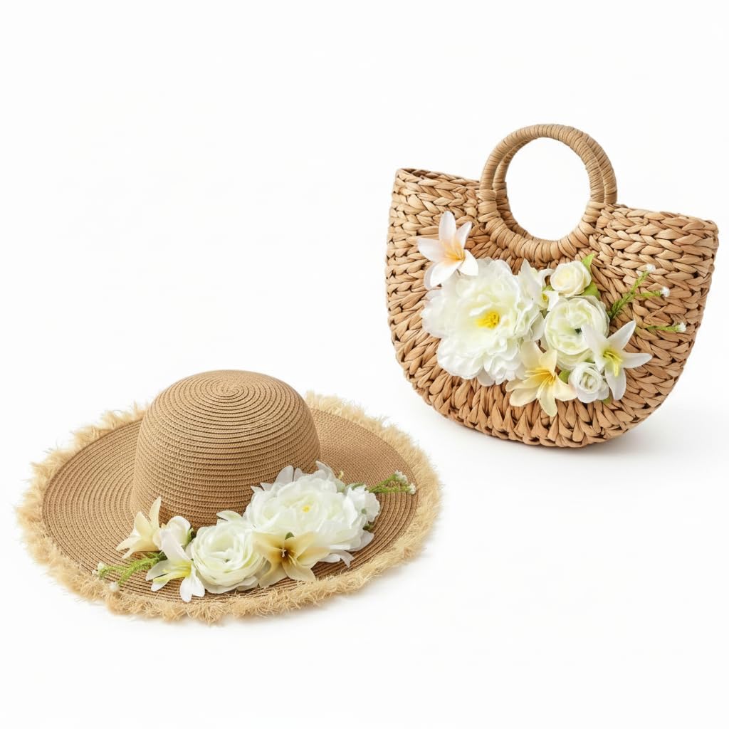 JenPen 2 Pcs Women Beach Sun Hat Floral Straw Bag and Hat Set Boho Rattan Bag for Women Tea Party Bridal Shower Victorian